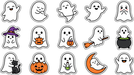 Fototapeta premium Halloween cute ghost sticker vector sheet featuring cartoon phantom characters with pumpkin and witch broom elements