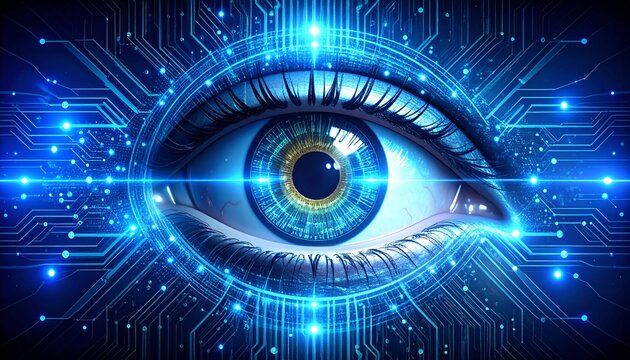 Futuristic blue and golden eye with glowing circuit board patterns, representing artificial intelligence, digital perception, biometric technology, cybersecurity, and intelligent systems.