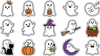 Obraz premium Halloween cute ghost sticker vector sheet featuring funny cartoon phantoms with pumpkin and witch broom elements