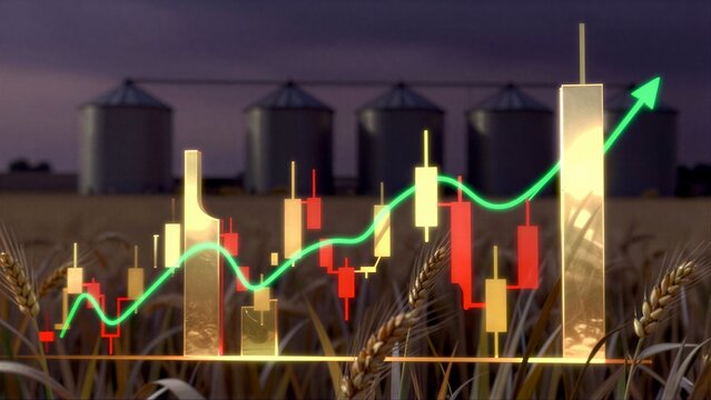 Golden wheat field with glowing stock charts and silos under twilight sky.