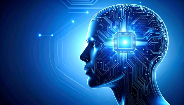 Side profile of a glowing humanoid AI with intricate electronic circuits, digital particles, and blue lighting, symbolizing artificial intelligence, neural networks, and technological innovation.