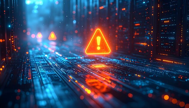 Illuminated warning symbol floating over a futuristic circuit board, with glowing data pathways and bokeh lights, representing technology alerts, cybersecurity concerns, and system errors.