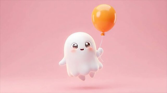 Cute cartoon ghost flying with orange balloon on pink background. Adorable kawaii 3d character for Halloween. Funny friendly spooky mascot animation