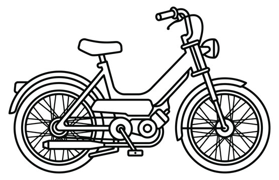 Line art illustration of a vintage moped or motorized bicycle isolated on white background