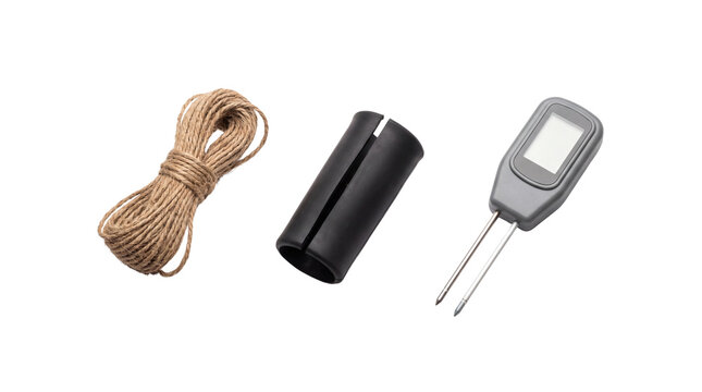 Jute tie trunk sleeve and pH meter trio isolated PNG cutout
