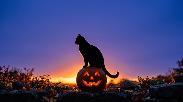 Silhouette of a black cat sitting on pumpkin with glowing jack-o-lantern against vibrant twilight sunset for a spooky Halloween and autumn mystery holiday concept