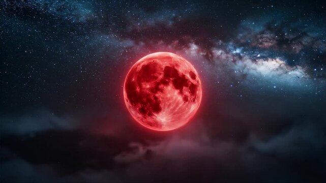 Glowing red blood moon shining brightly amid starry cosmos and dramatic night clouds with ethereal crimson atmosphere for lunar eclipse and celestial mystery concept