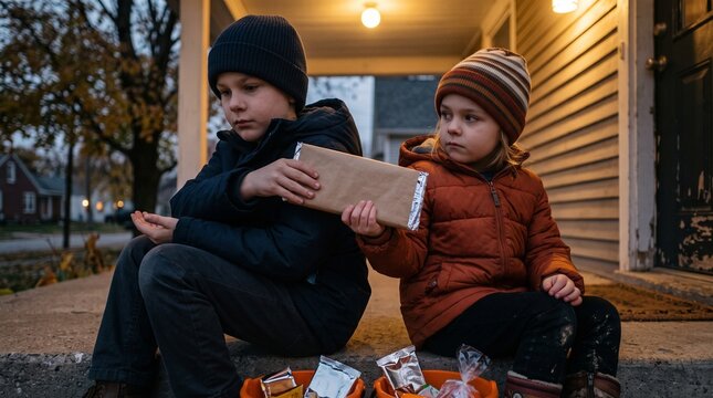 Young siblings trading candy on porch steps during twilight under warm evening lighting for a nostalgic childhood sharing and autumn tradition concept