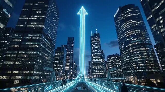An upward glowing arrow symbolizing progress and growth emerges from a bridge lined with people, piercing the night sky above a modern cityscape
