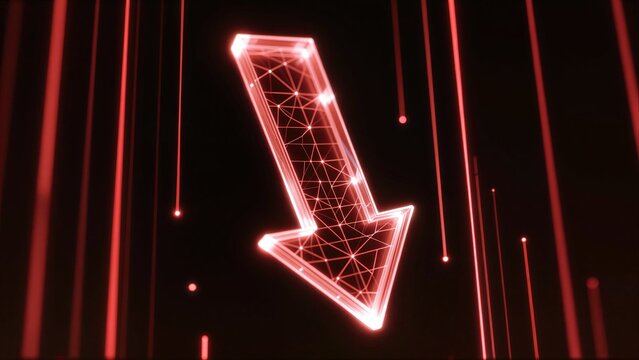 Glowing red downward arrow amidst falling stock chart lines, symbolizing market decline.