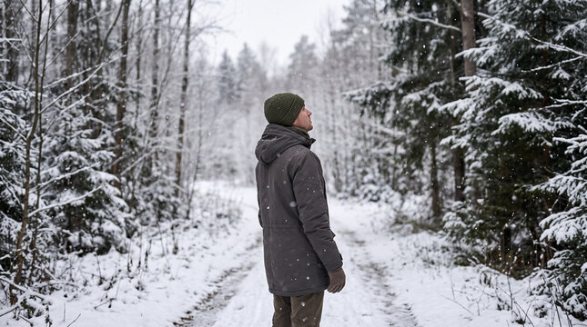 Man standing on snowy forest path