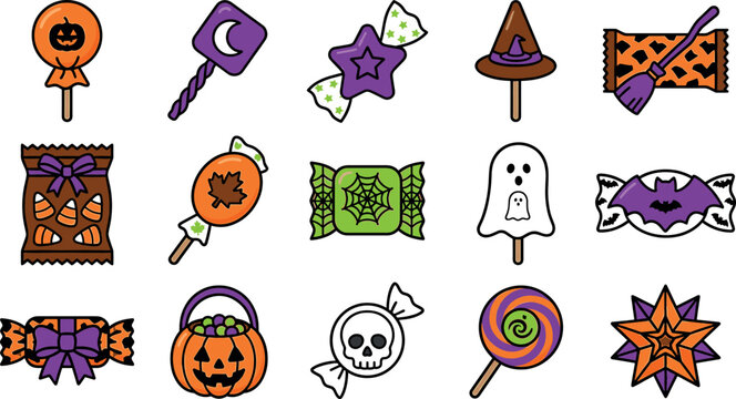 Halloween sweet candy and lollipop sticker vector set with pumpkin, ghost, skull, and witch hat