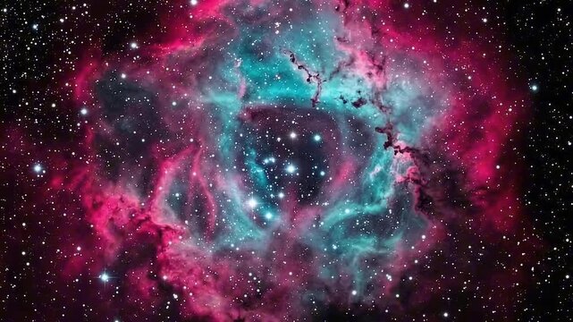 The Rosette Nebula, a stunning celestial formation composed of gas and dust, shines with vibrant pink and turquoise hues amidst a backdrop of distant stars