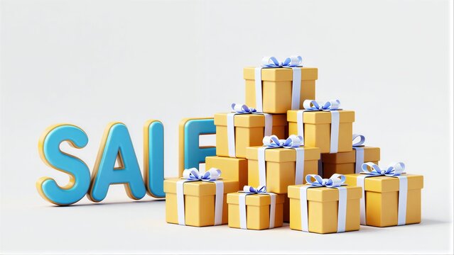Yellow gift boxes piled high with blue SALE letters beside them.