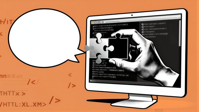 Hand places puzzle piece on screen displaying code, symbolizing digital problem-solving.