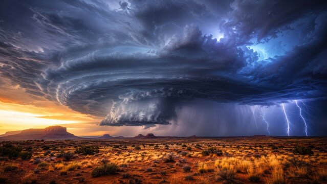 massive supercell thunderstorm with lightning strikes over a desert landscape during sunset.