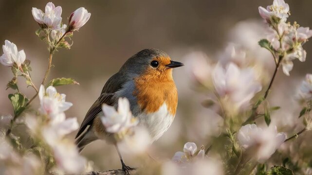 Close-up eye-level shot of a robin perched in branch