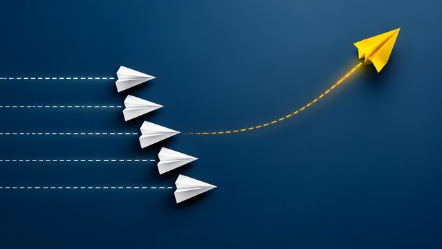 Yellow paper plane breaking away from white planes line showing innovative leadership and new direction