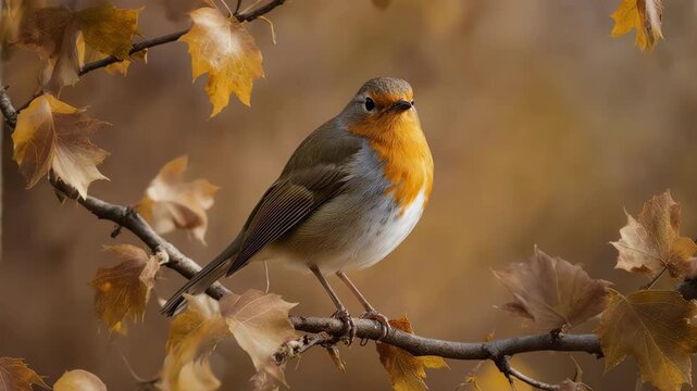 Close-up eye-level shot of a robin perched in branch