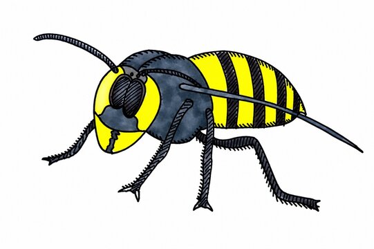 Hand drawn illustration of a wasp or hornet with yellow and black stripes, detailed insect vector isolated on white background