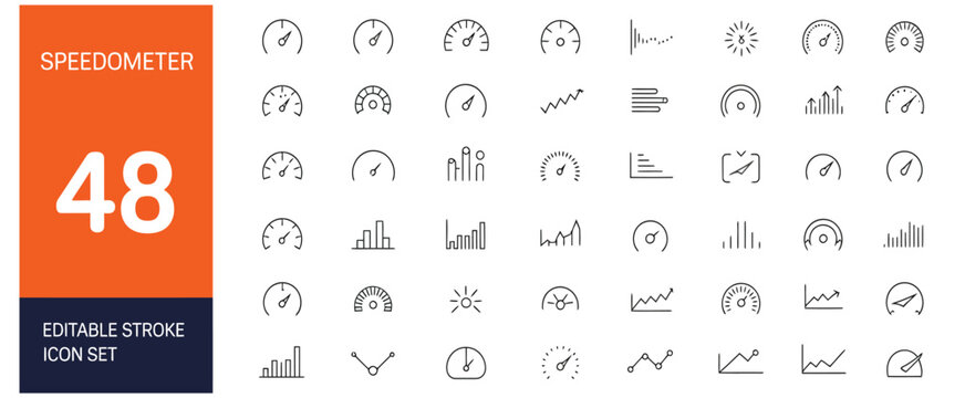 Speedometer gauge icon set featuring black outline strokes for performance measurement data visualization and dashboard analytics applications.