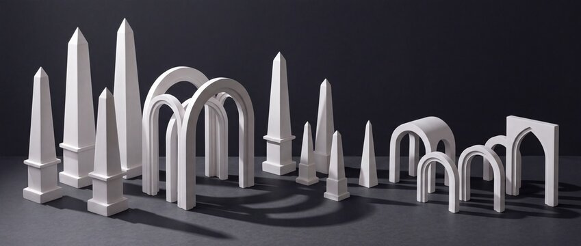 White architectural obelisks and arched gateways arranged on dark gray base create miniature neoclassical city landscape.