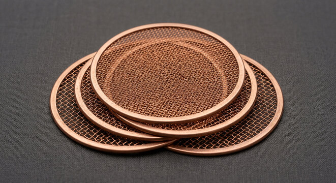 Stacked circular copper wire mesh filters showing woven geometric pattern in soft light, industrial metallic background for engineering technology