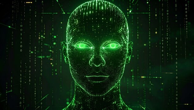 Futuristic humanoid face with luminous green eyes surrounded by binary code, symbolizing artificial intelligence, cybersecurity, digital surveillance, and machine intelligence.
