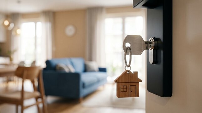 close-up photograph of a modern apartment door lock with a silver metal key inserted into a matte black rectangular keyhole, featuring a small house-shaped keychain hanging from the house key 