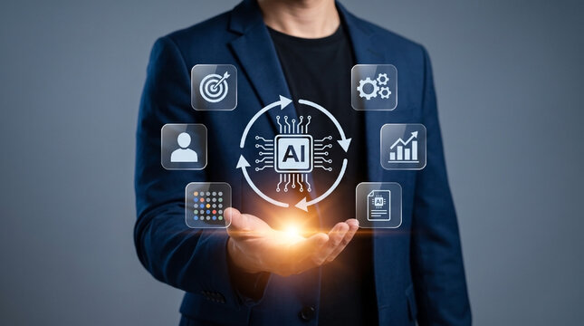 Businessman holding AI microchip icon with circular workflow process and business automation interface for digital transformation.