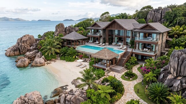 Tropical beachfront villa with elevated infinity pool and thatched pavilion among granite boulders