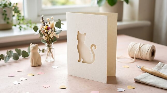 A handmade greeting card featuring a delicate die-cut cat silhouette on a craft table.