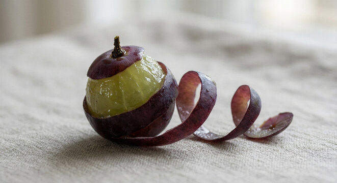 Peeled purple grape with spiral skin revealing green translucent flesh on neutral surface for natural food concept
