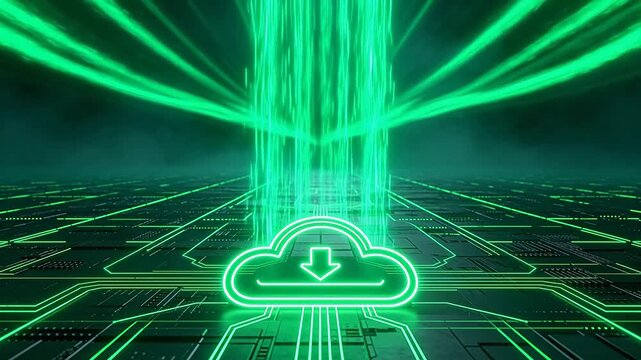 Green neon cloud icon with downward arrow over digital circuit grid background