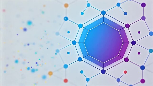 Blue and purple gradient hexagon with a connected dot network on a light background