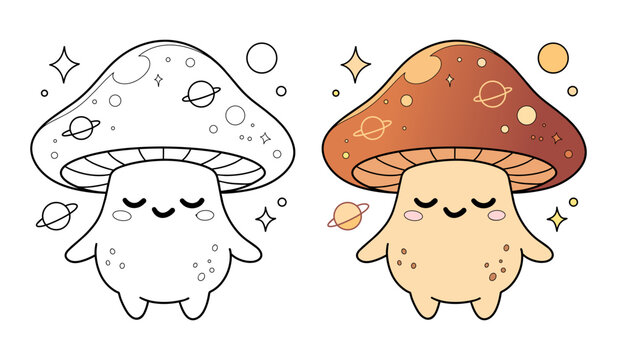 Cute Mushroom Character with Planets Space Theme Coloring Book Page Vector