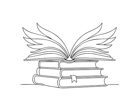 Continuous One Line Art Stack of Books with Flying Pages Vector