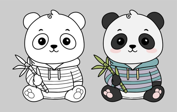 Cute Panda Bear Wearing Hoodie Holding Bamboo Coloring Book Page Vector