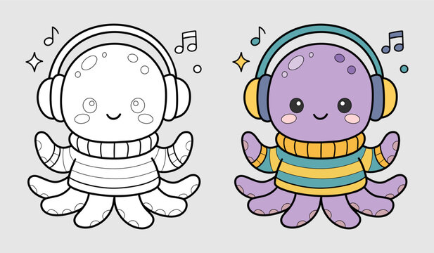 Cute Octopus Wearing Headphones Listening to Music Coloring Book Page Vector