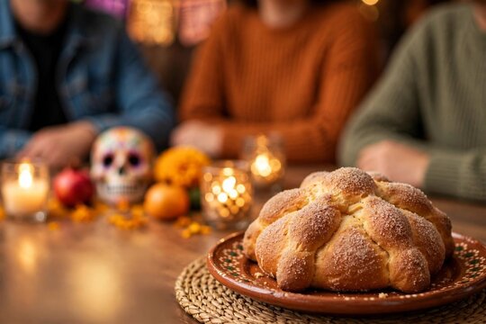 A decorated sugar skull bread for D&iacute;a de los Muertos, featuring vibrant colors and traditional designs, symbolizing the celebration