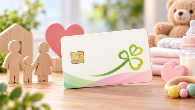 Welfare benefit card with baby items and gift boxes
