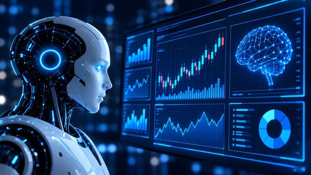 AI humanoid robot analyzing financial stock market charts and digital brain networks for algorithmic trading strategy