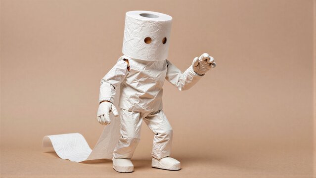 Paper toilet roll robot waves hello with friendly, crumpled paper limbs and a cardboard head.