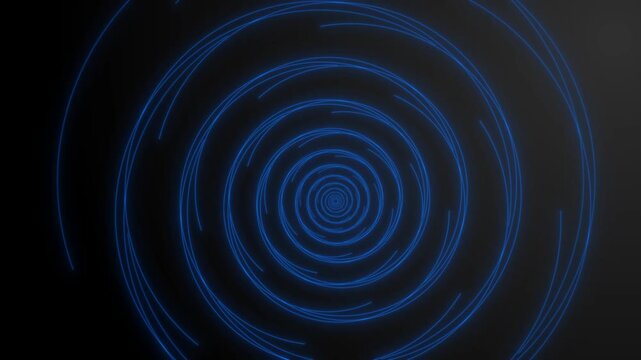 Abstract neon blue spiral vortex with rotating glowing particle lines swirling into center on black background digital animation footage