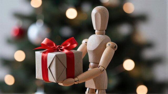 Wooden figure holds gift wrapped in red ribbon, Christmas tree blurred behind.