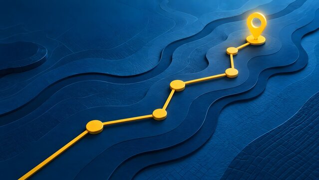 Strategic business roadmap concept featuring yellow navigation path and glowing destination pin on blue abstract topographical map