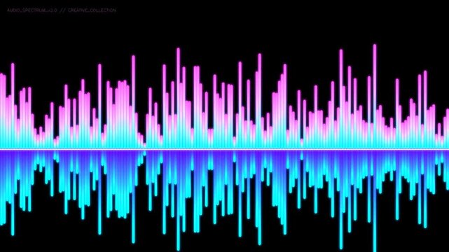 Abstract neon pink and cyan audio equalizer bars animation. Glowing sound wave, music frequency spectrum and audio visualizer loop on black background.