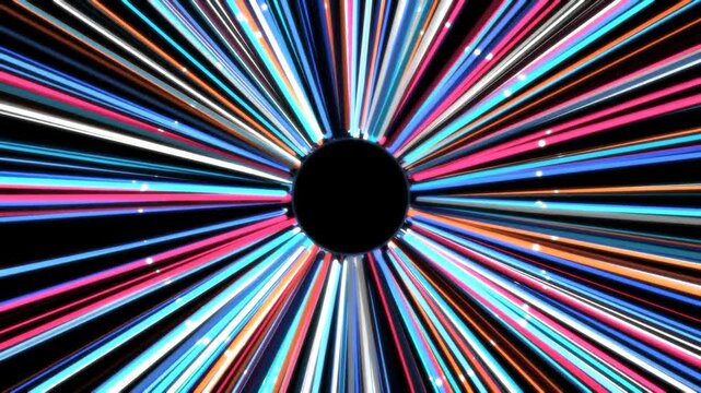 Abstract glowing neon light rays in a hyperspace tunnel animation. Colorful warp speed speed-of-light starburst loop on black background.