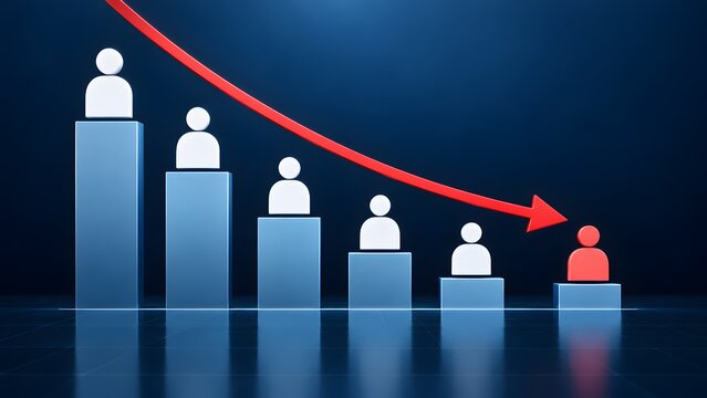 Business downsizing and layoff concept showing downward red arrow pointing to dismissed employee figure on declining financial chart