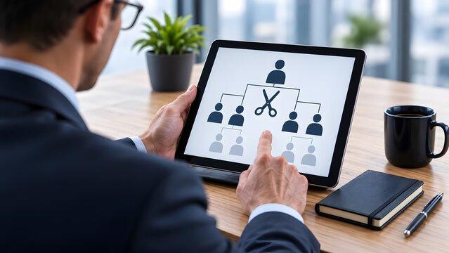 Corporate restructuring and downsizing strategy shown on tablet screen featuring organizational chart with scissors cutting employee connections